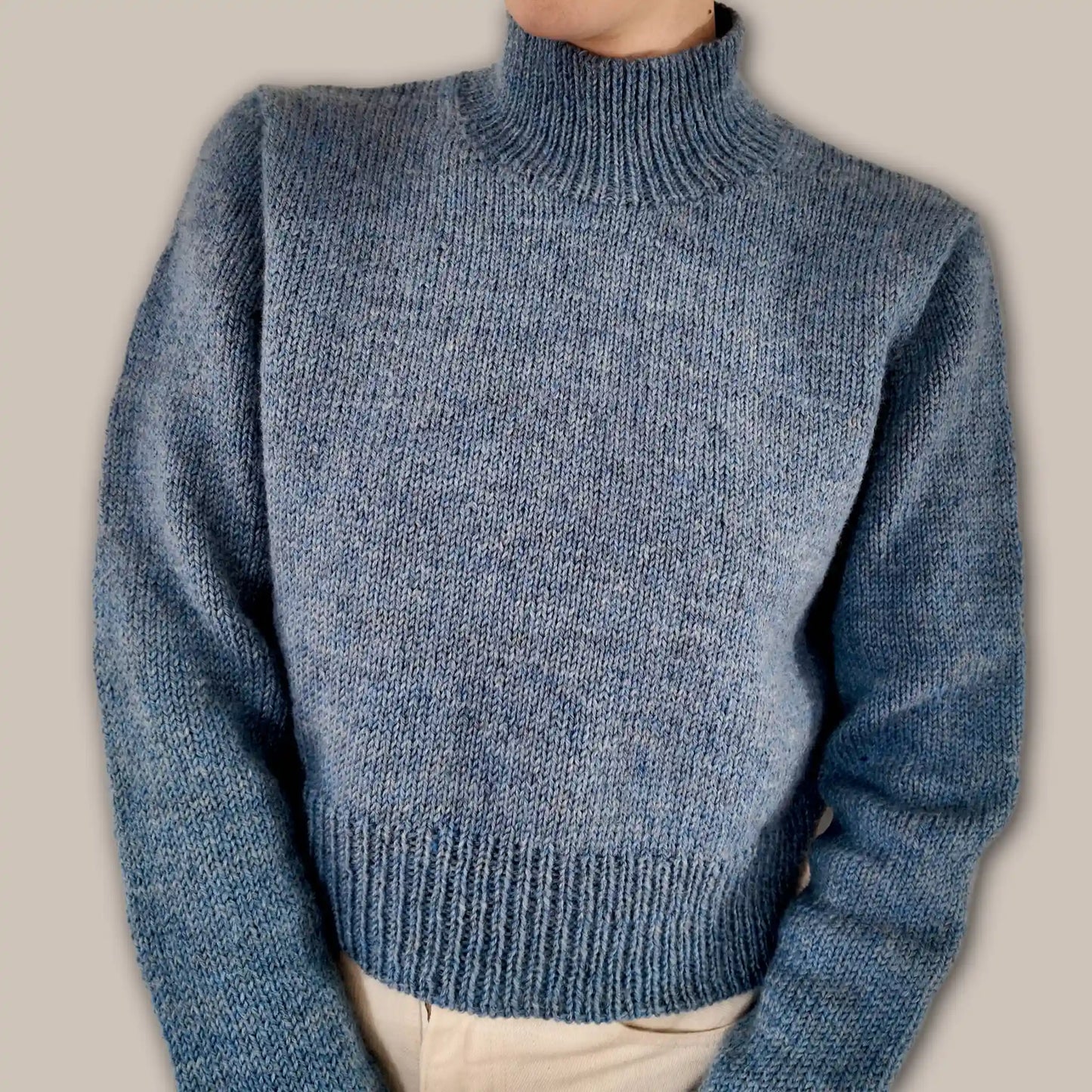 Chameleon Sweater knitting pattern by Atelier Castin — top-down DK pullover with mock neck and set in sleeves