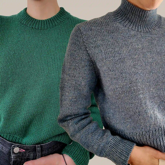 Chameleon Sweater knitting pattern by Atelier Castin — top-down DK pullover with set in sleeves — two samples mock neck and folded crew neck