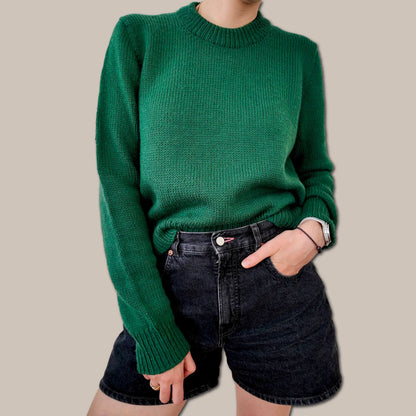 Chameleon Sweater knitting pattern by Atelier Castin — top-down DK pullover with folded crew neck