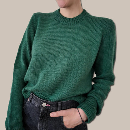 Chameleon Sweater knitting pattern by Atelier Castin — top-down DK pullover with folded crew neck