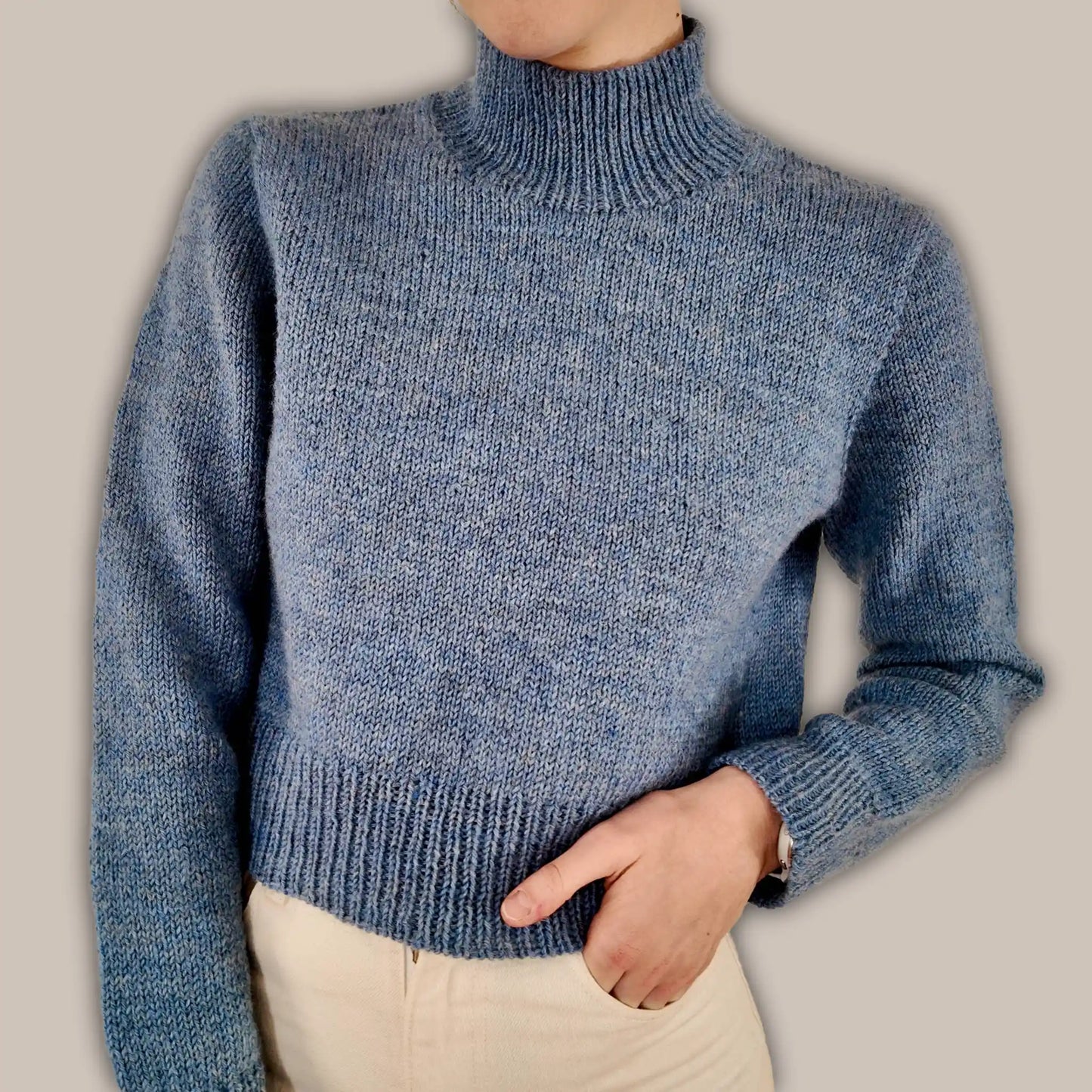Cropped length Chameleon Sweater worn by model showing hem and body proportions as well as set in sleeves shoulder fit