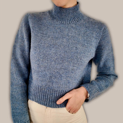 Cropped length Chameleon Sweater worn by model showing hem and body proportions as well as set in sleeves shoulder fit