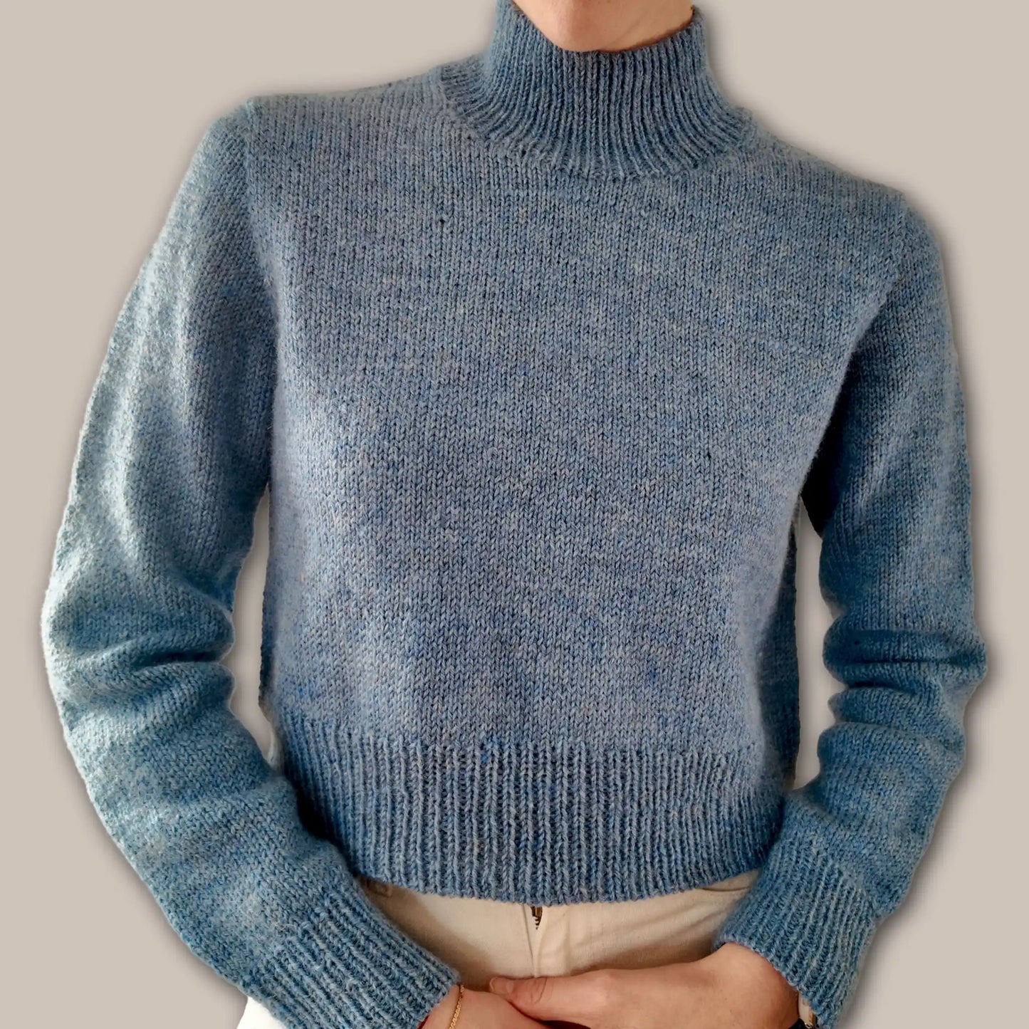 Chameleon Sweater knitting pattern by Atelier Castin — top-down DK pullover with mock neck cropped version
