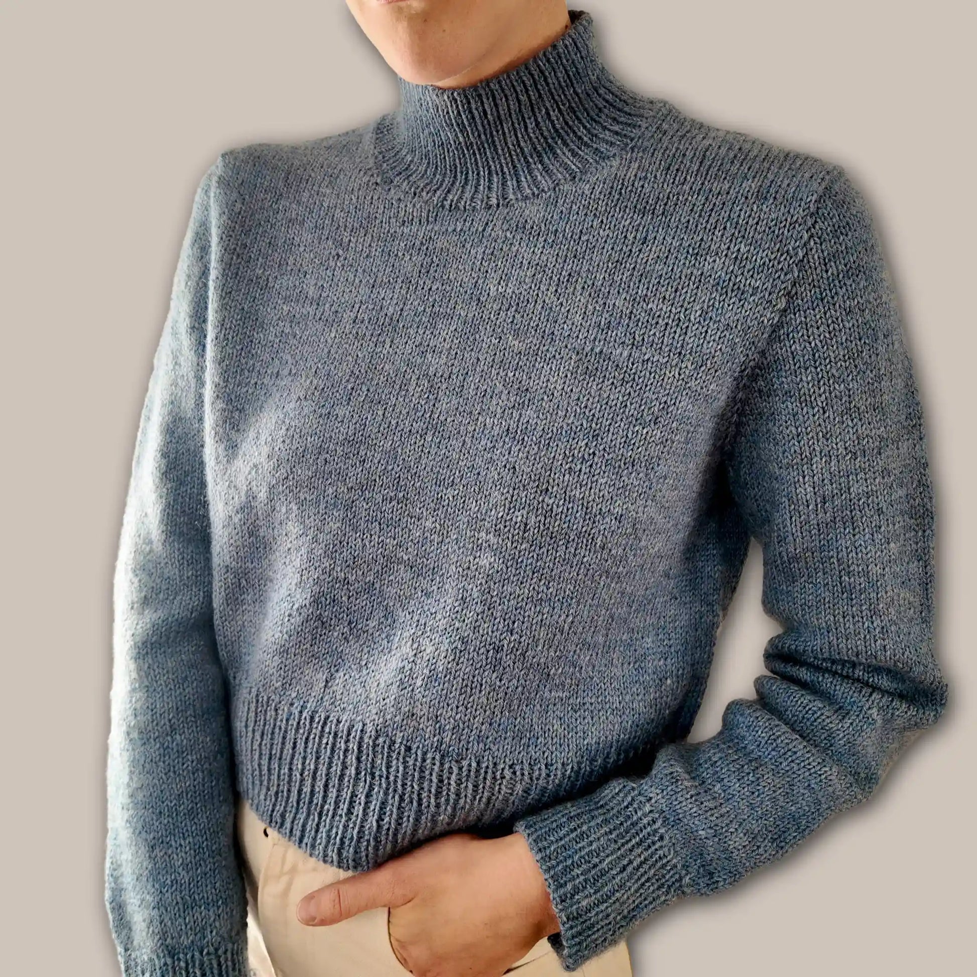 Cropped length Chameleon Sweater worn by model showing hem and body proportions as well as set in sleeves shoulder fit