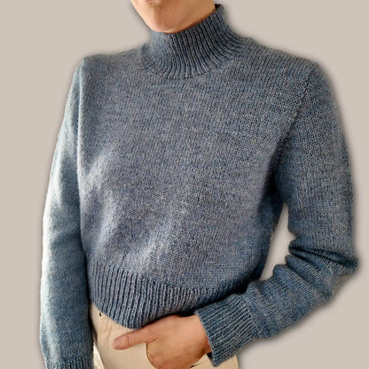 Cropped length Chameleon Sweater worn by model showing hem and body proportions as well as set in sleeves shoulder fit