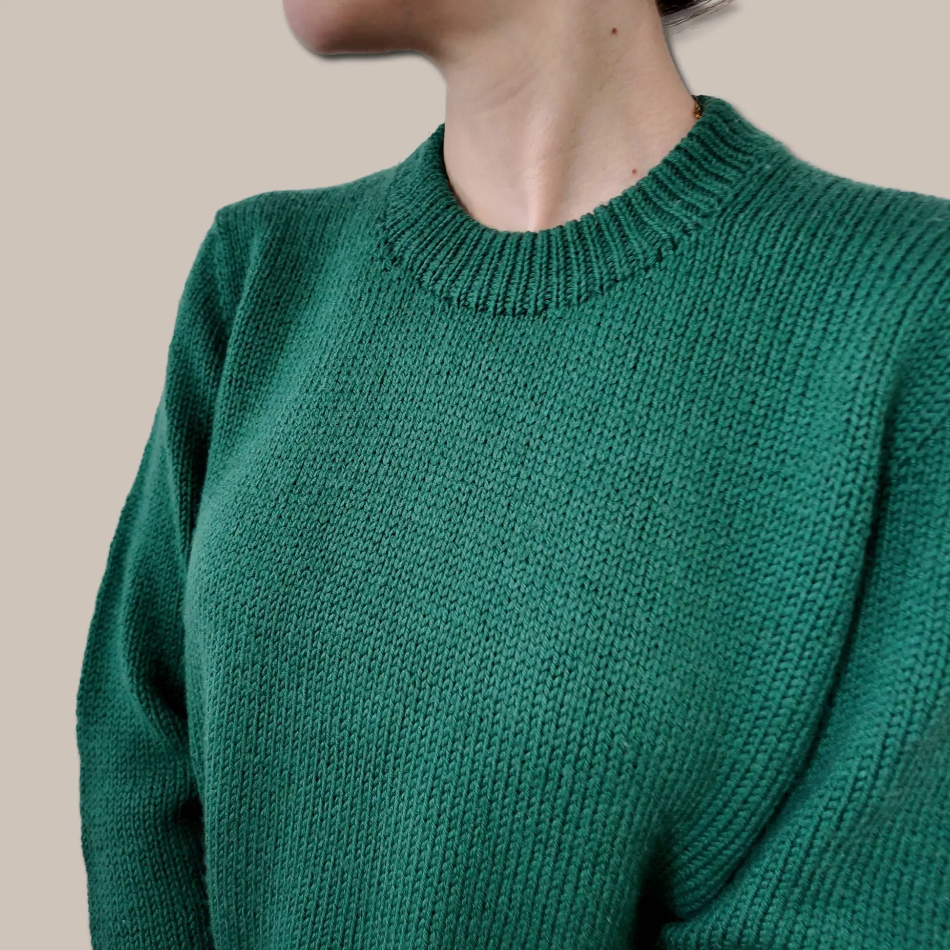 Crew neck folded collar detail on Chameleon Sweater knitting pattern