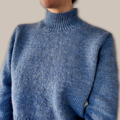 Mock neck collar detail on handknit DK sweater by Atelier Castin (Chameleon Sweater Knitting Pattern)